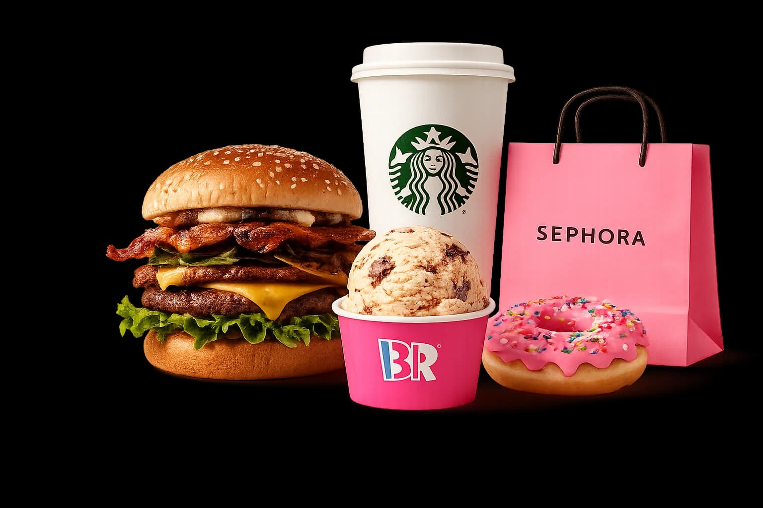 A birthday spread of free rewards — a stacked burger, Starbucks coffee cup, pink Sephora gift bag, Baskin-Robbins ice cream cup, and a sprinkle donut